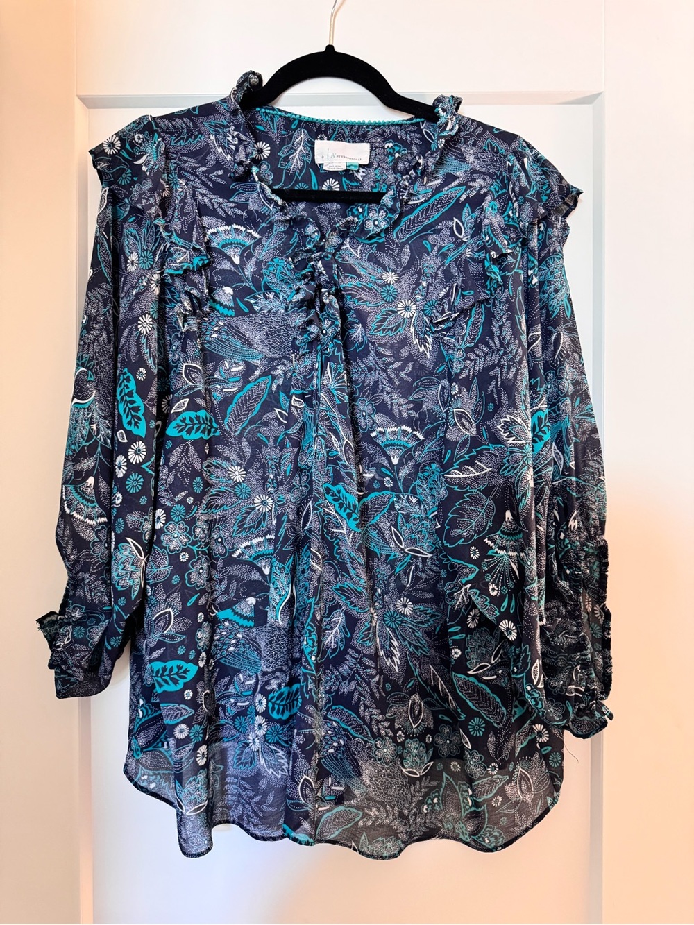 Anthropologie Navy & Teal Floral Ruffle-Tie Blouse
